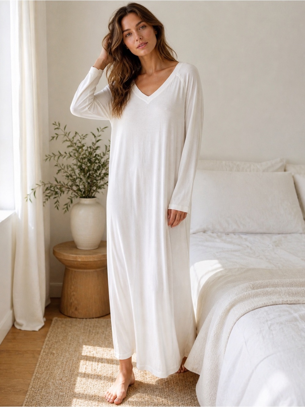 Hanro Pure Essence Cotton Nightgown XL Long Sleeve V-Neck Luxury Sleepwear 77947